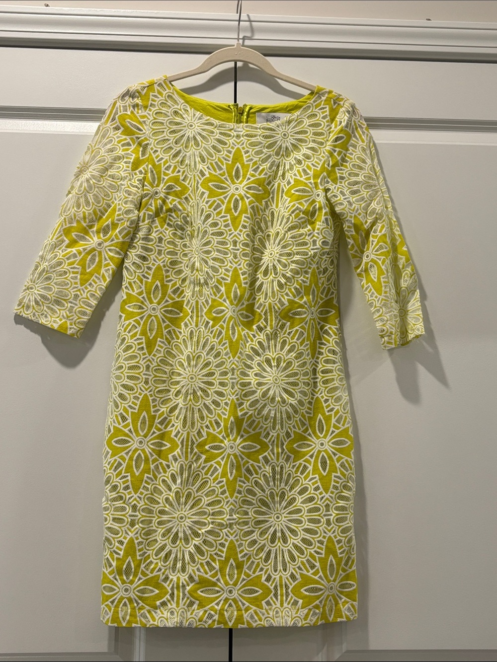 Belle Badgley Mischka Yellow and White Floral Lace-Overlay Midi Dress
